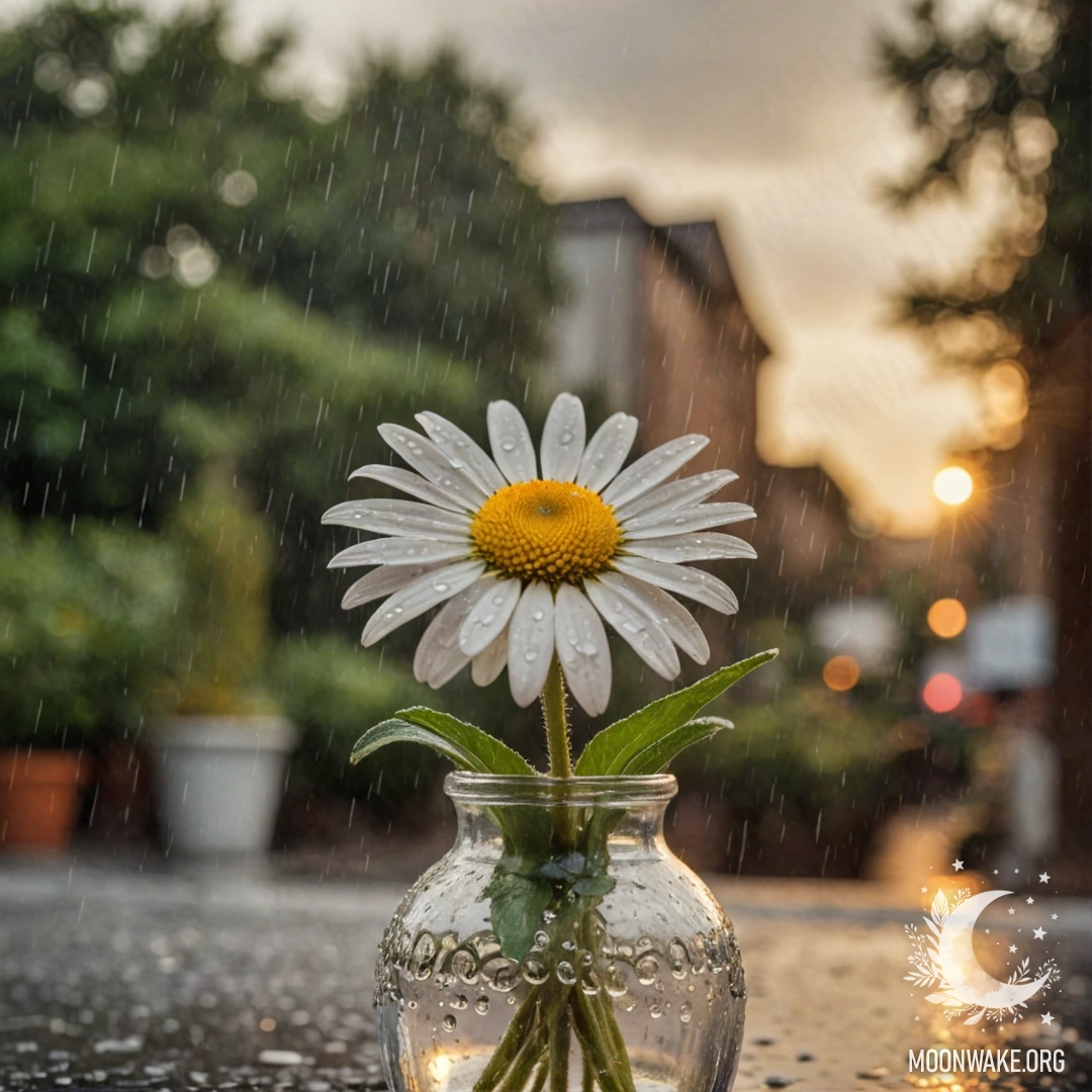 A sweet daisy in a sage-colored vase, adorned by raindrops at sunset.
