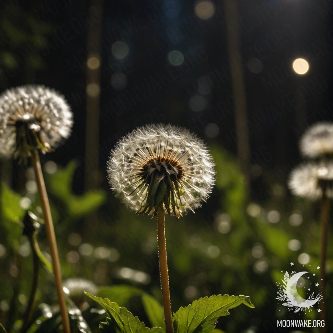 Close-up of sweet dandelions in a field, with a bokeh forest background at night.