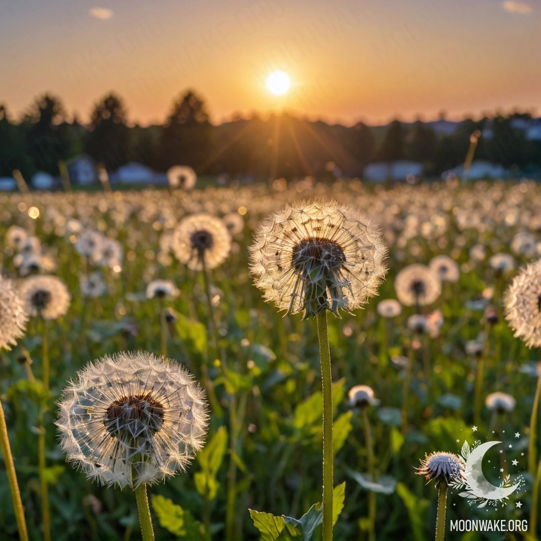 Close-up of dandelions in a field against a bokeh sky at sunset.