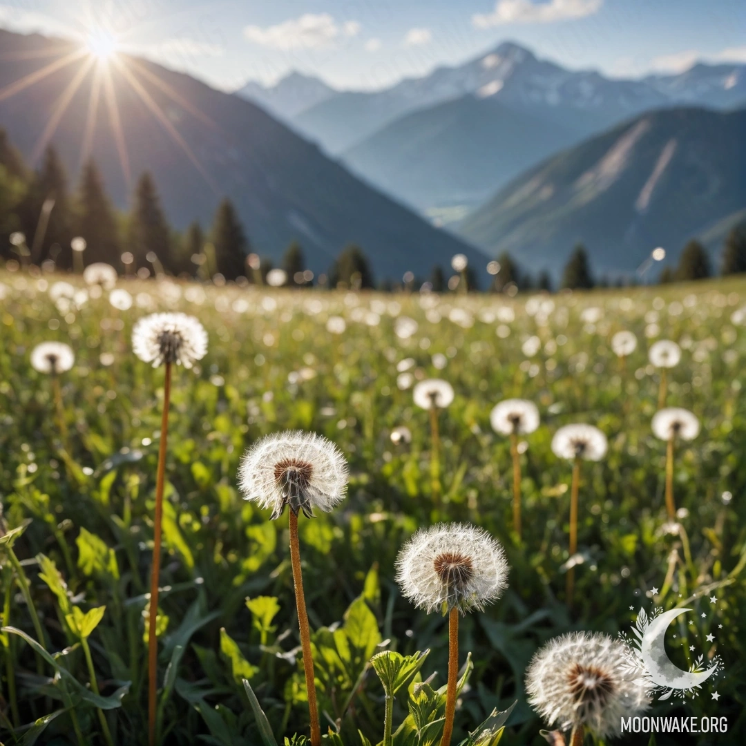 Close-up of dandelions in a field with blurred mountains in the background.