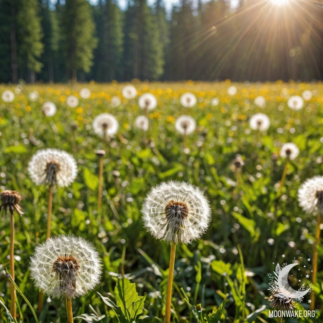 Close-up of dandelions with a blurred forest background on a sunny day.
