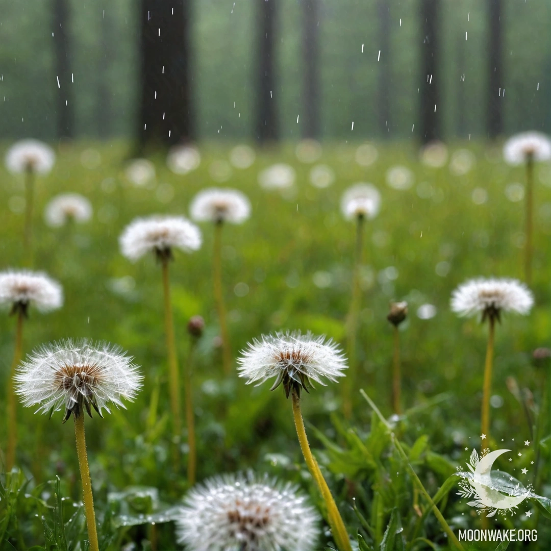 Sweet Dandelion Field in Rainy Forest Bokeh Close-up of dandelions in a field, with a blurred forest background and rain.