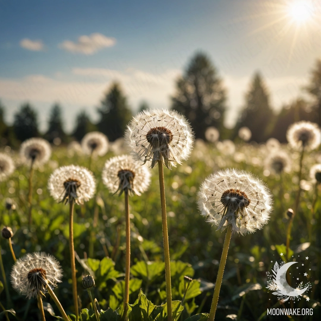 Close-up of dandelions in a field with a blurred sky and sunlight.