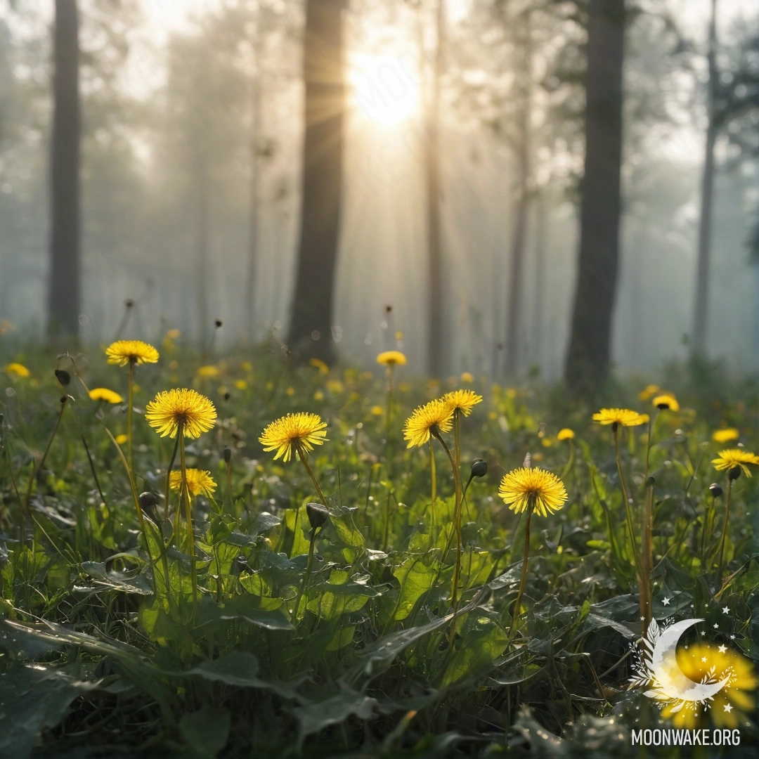 Close-up of dandelions in a field with a blurred forest background and sunlight filtering through the trees