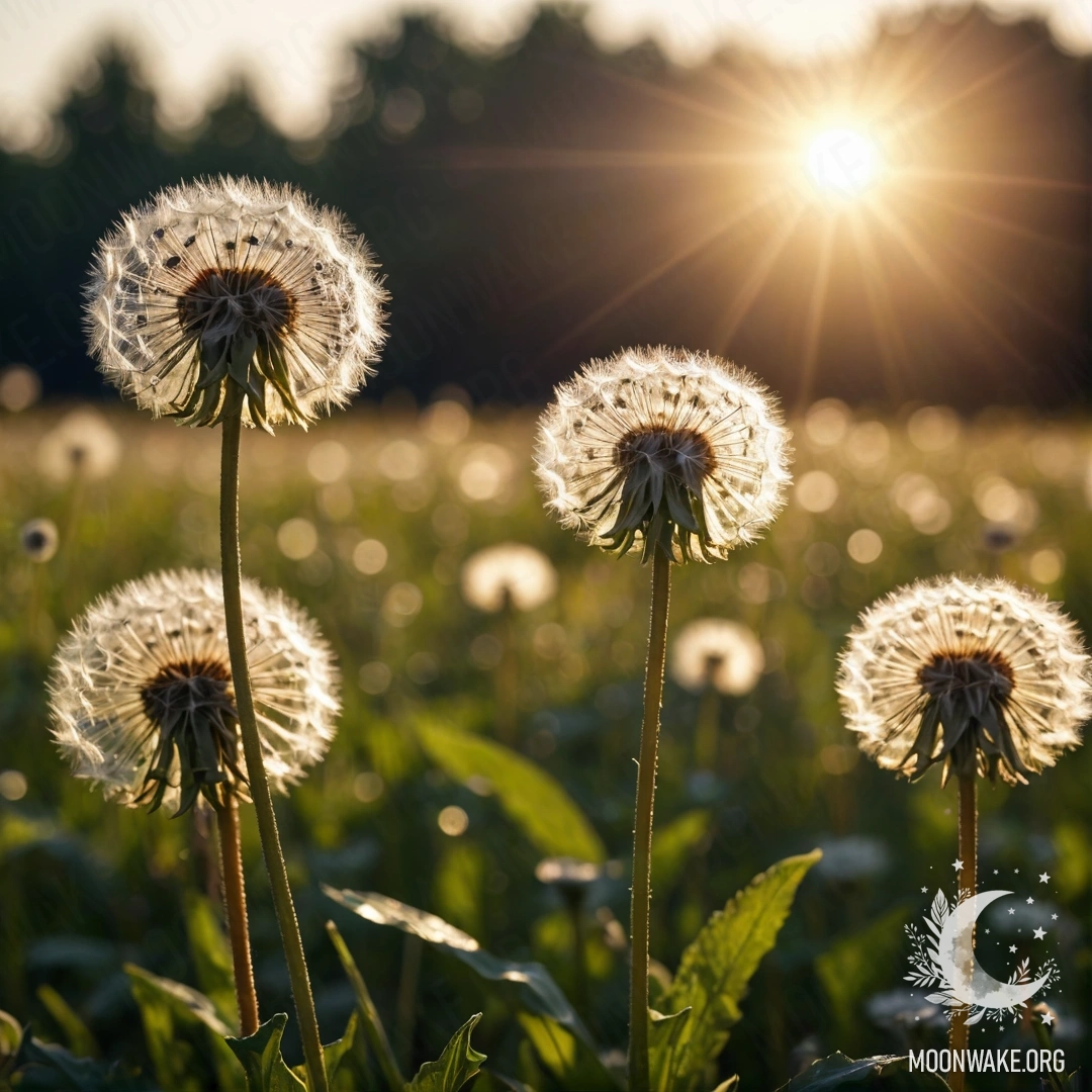 A close-up of sweet dandelions against a bokeh sky illuminated by sun rays.