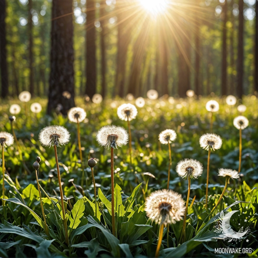 Sweet Dandelions in Bokeh Forest Close-up of sweet dandelions against a softly blurred forest background, illuminated by sun rays.