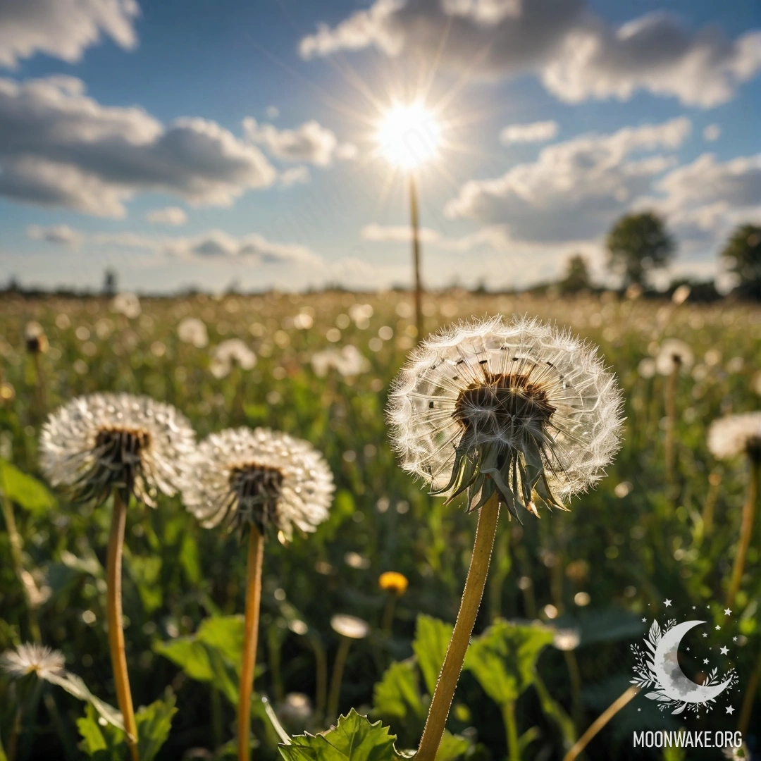 Close-up of dandelions in a field against a blurred sky with clouds and lens flares.