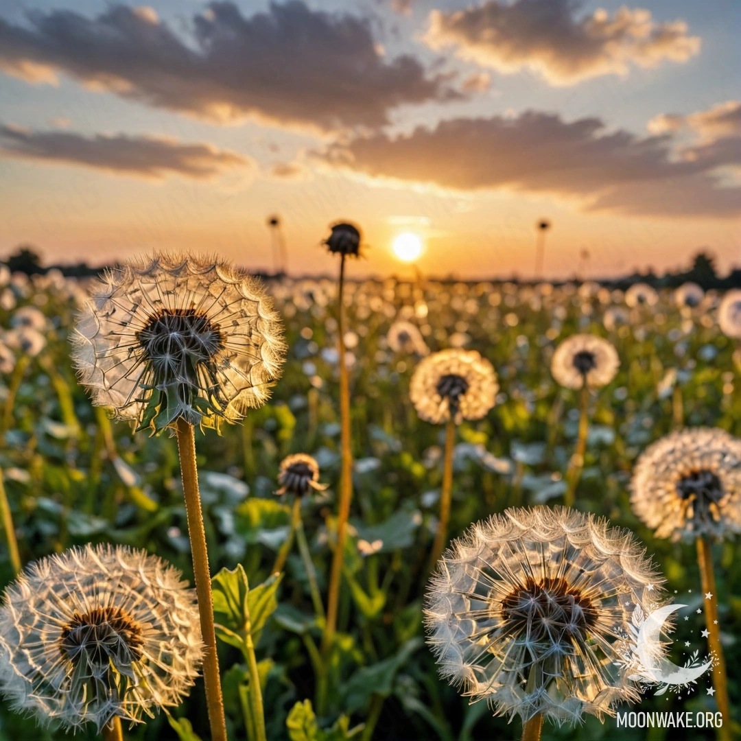Close-up of sweet dandelions in a field under a bokeh sky at sunset