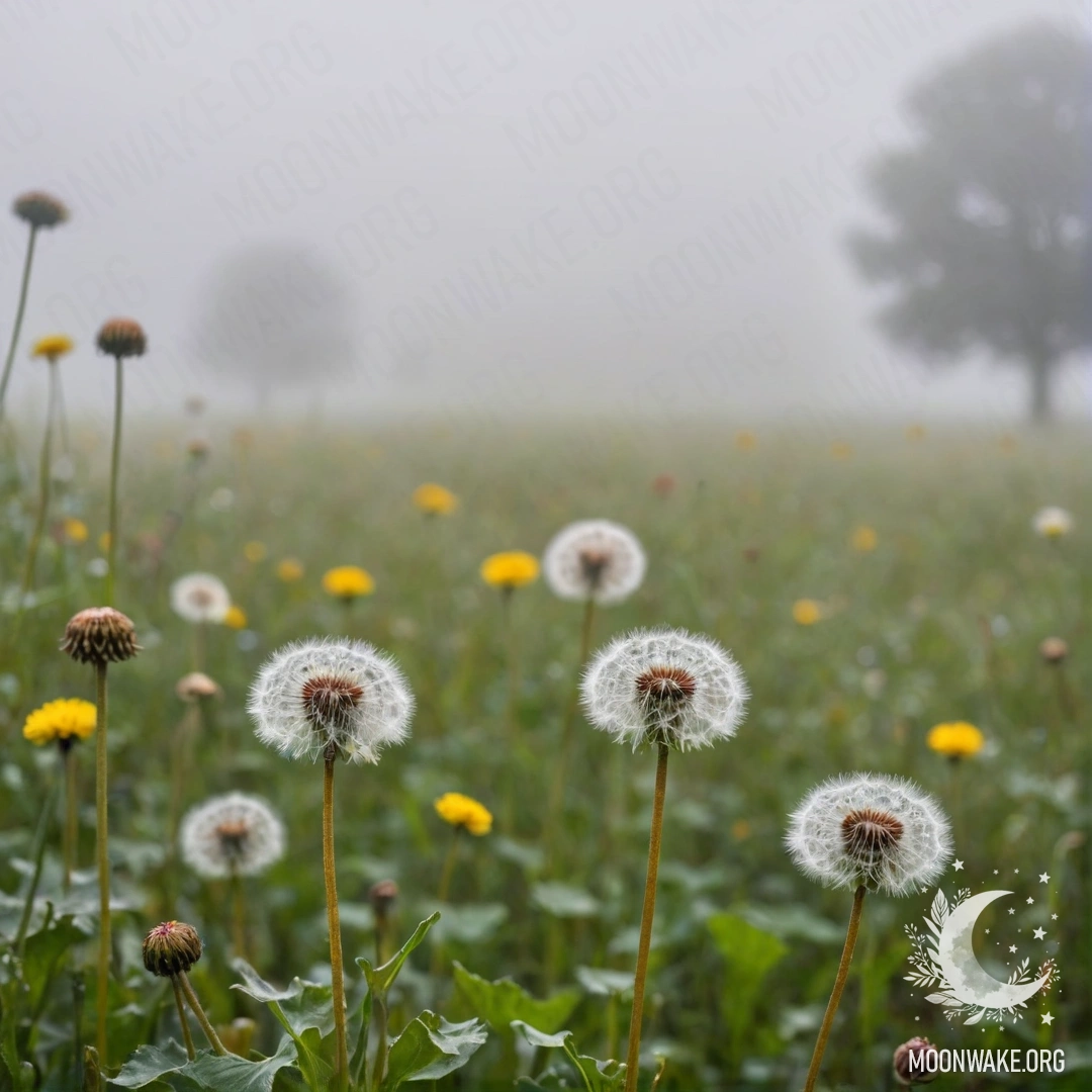 Close-up view of sweet dandelions with blurred field flowers in thick fog.