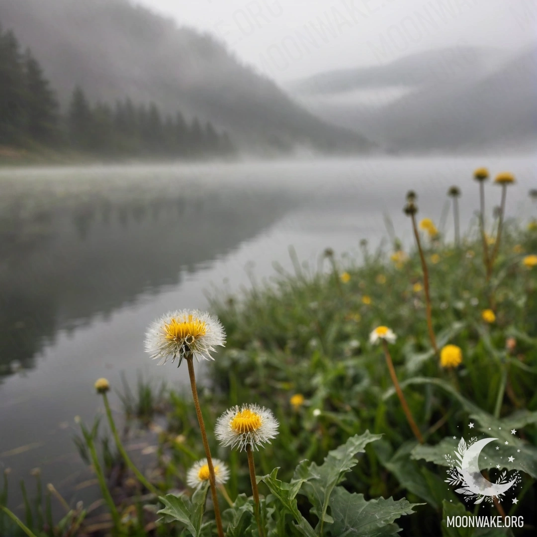 Close-up of yellow dandelions in a field with misty mountains and lake behind.