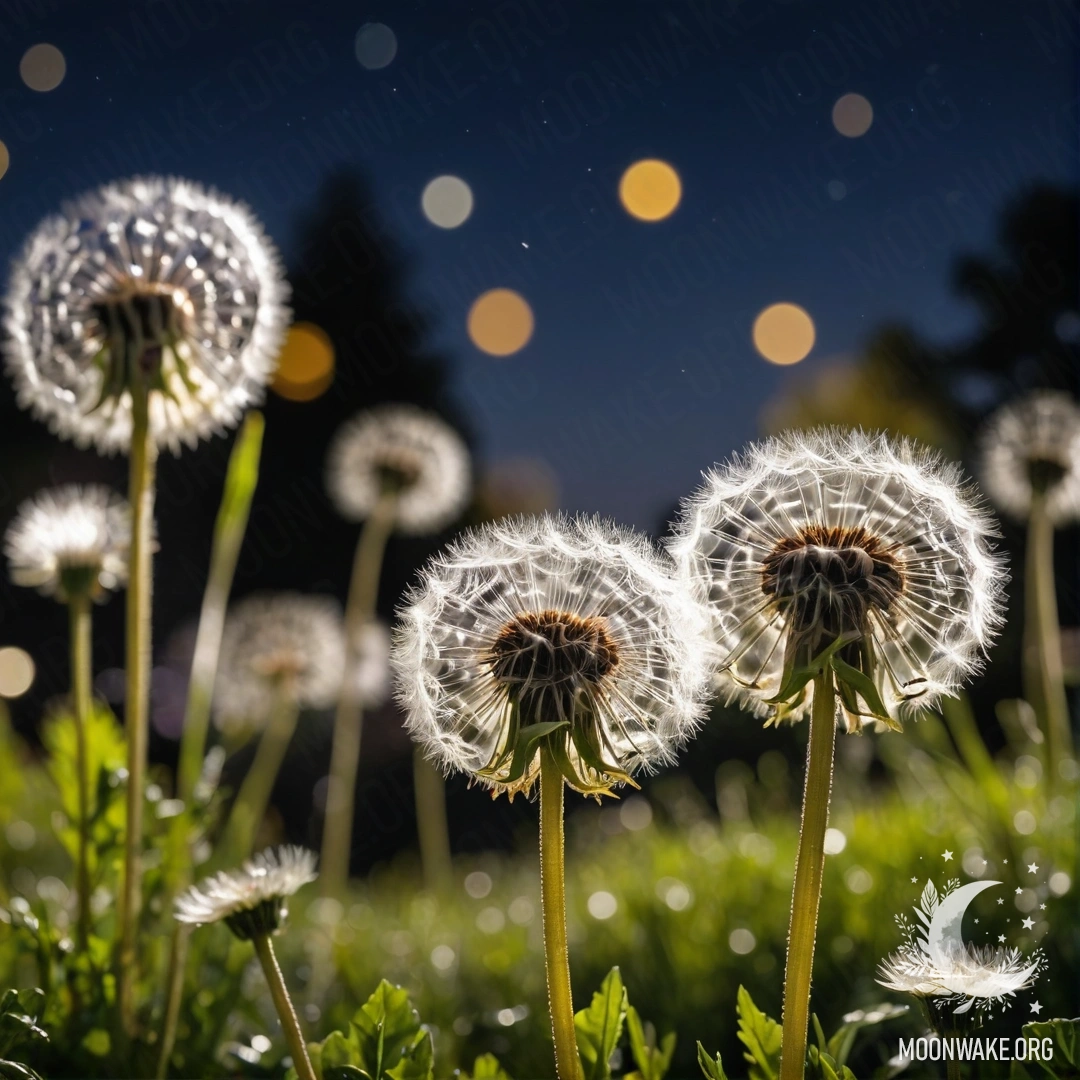 Close-up of delicate dandelions against a blurred night sky