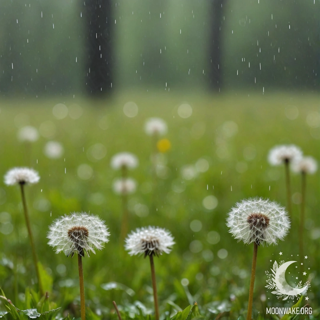 Close-up of dandelions in a field with blurred forest background, rain