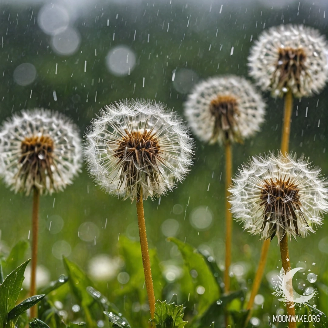 Close-up of dandelions in a field with a bokeh effect and raindrops.