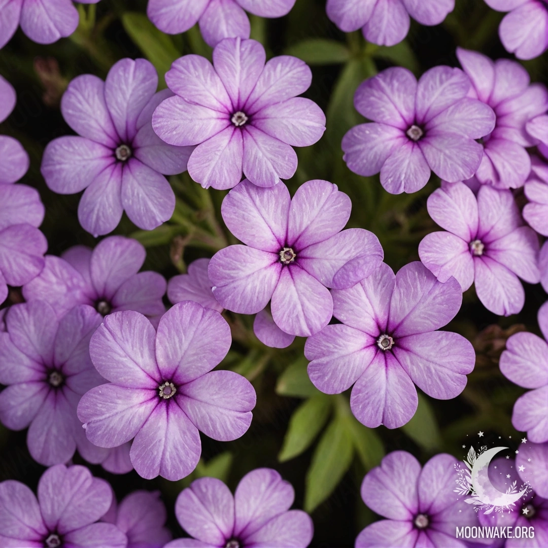 A close-up of sweet delphinium flowers adorned with dew drops in olive color at sunset.