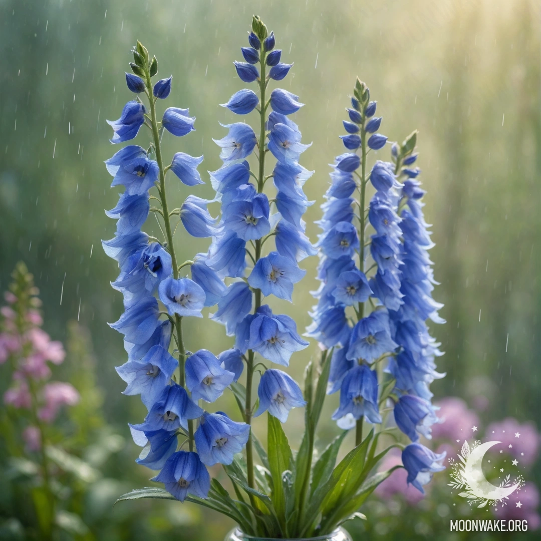 Sweet Delphinium in Misty Rain A sweet delphinium in a vase, surrounded by mist and rain, with rays of sunshine shining through.