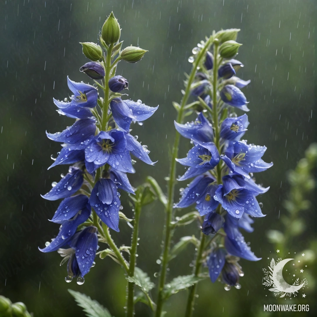 A sweet delphinium flower surrounded by mist and rain at night.