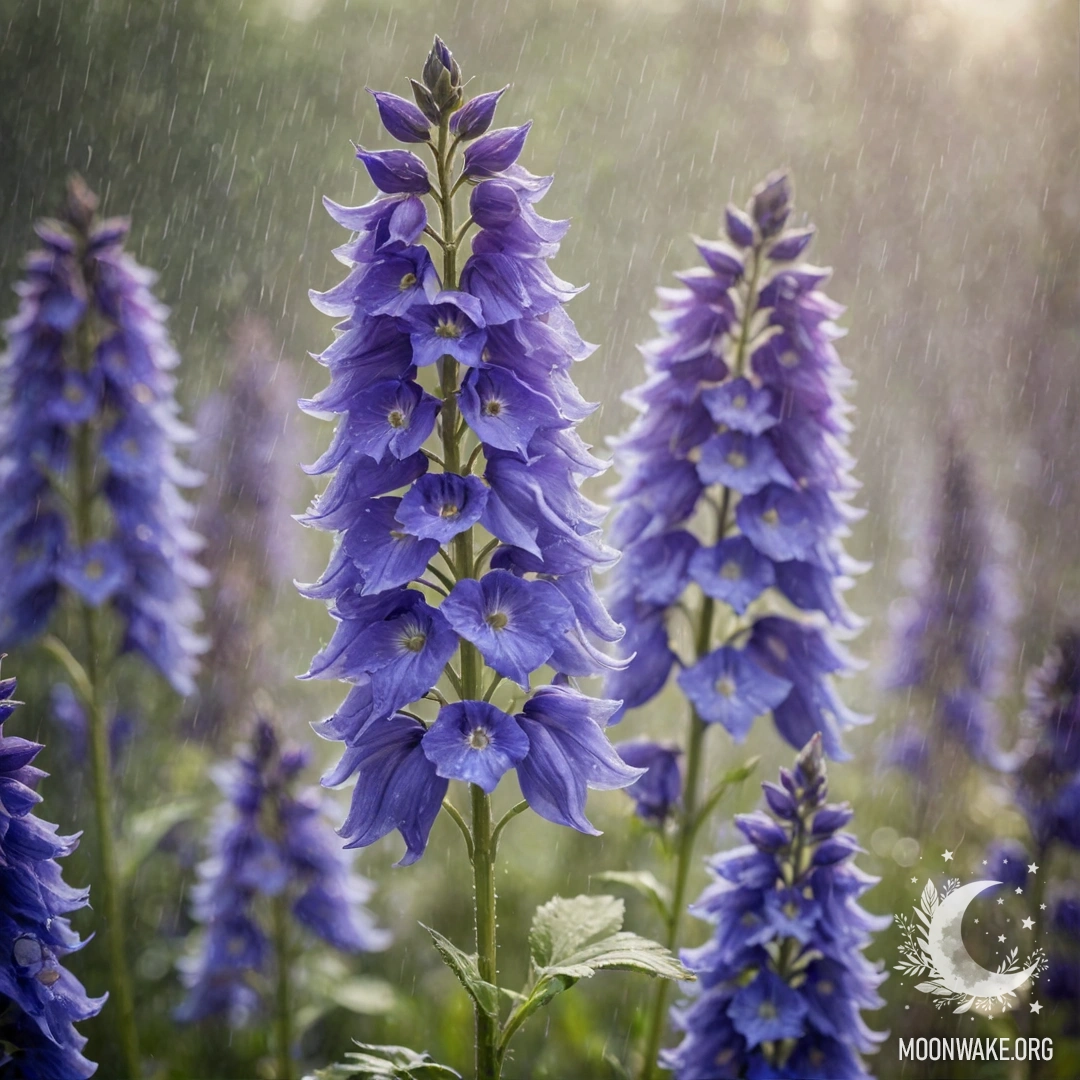 A delicate lavender delphinium bathed in mist under light rain with sun rays in the background.