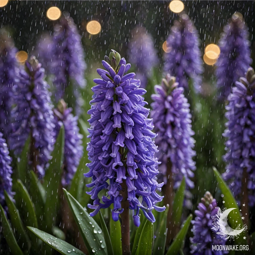 A delicate mint-colored delphinium flower drenched in rain with sunlight sparkling through the droplets.