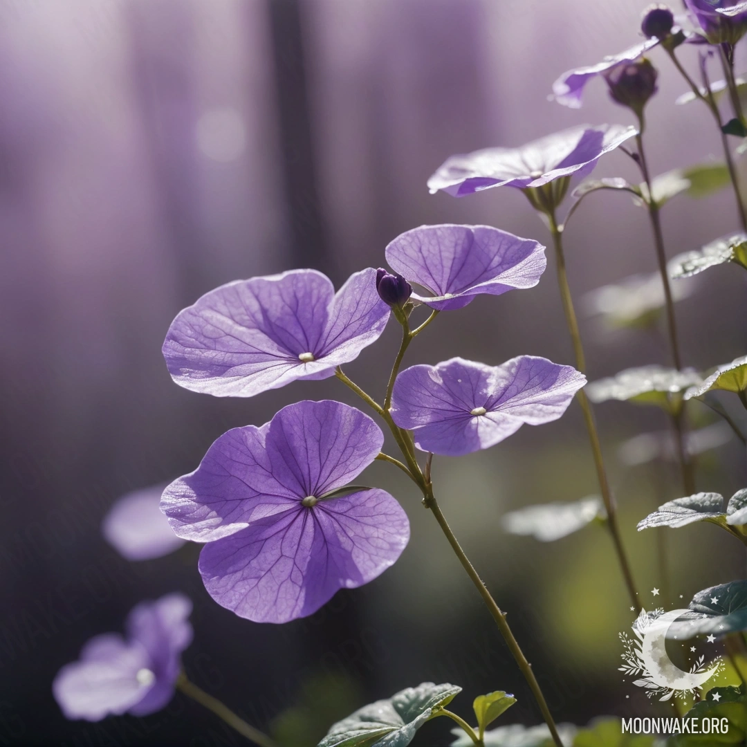 A delicate sweet delphinium adorned with dewdrops against a green background, illuminated by sunny rays.