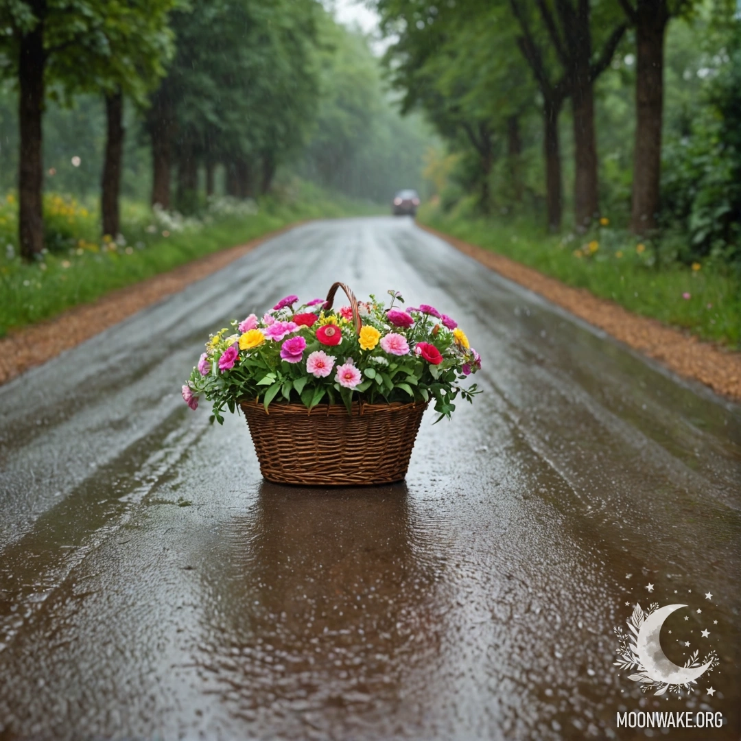 A wooden basket filled with flowers on a dirt road surrounded by trees in the rain, with a softly blurred background.