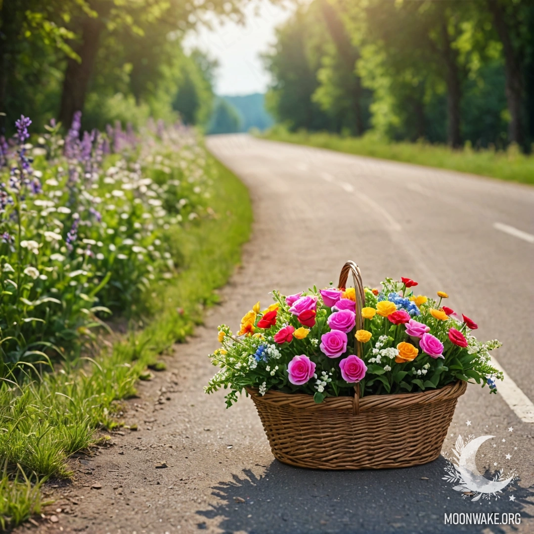 Sweet Dirt Road with Flowers A dirt road adorned with a basket of flowers and a bokeh background of trees.