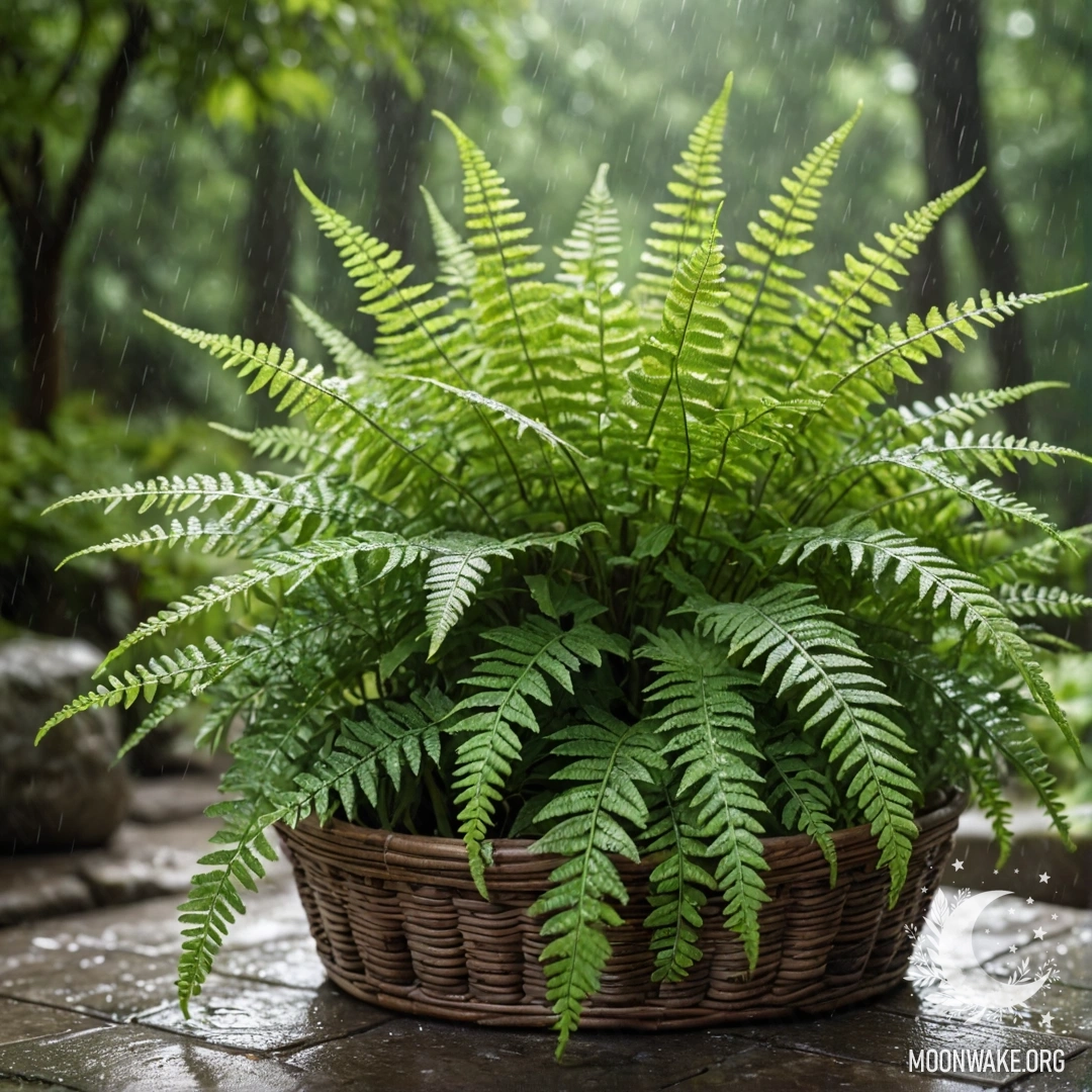 Sweet Fern Basket Under Rain A mint color basket with sweet ferns illuminated by sunny rays as rain falls.