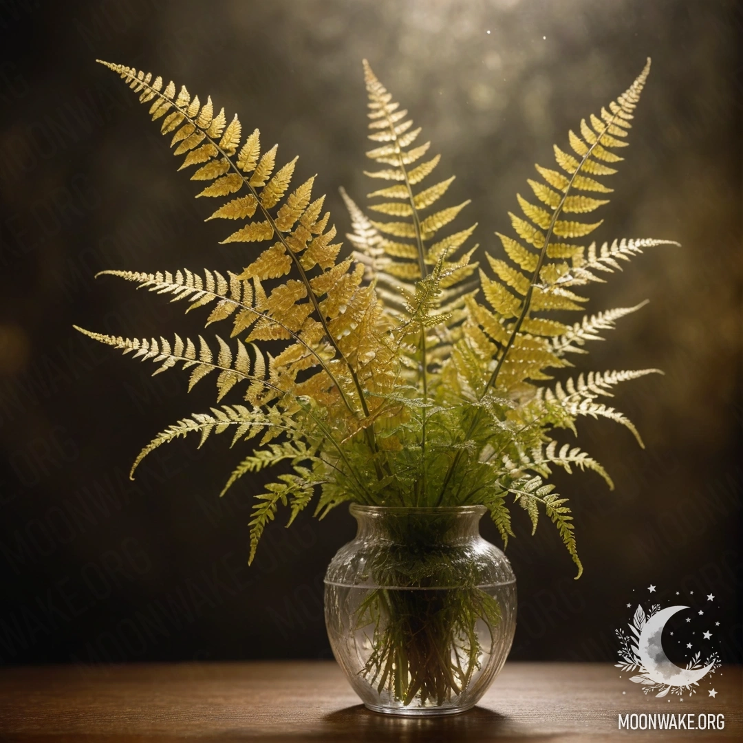 Sweet Fern in a Golden Vase at Night A golden vase holds a sweet fern shrouded in fog during night.