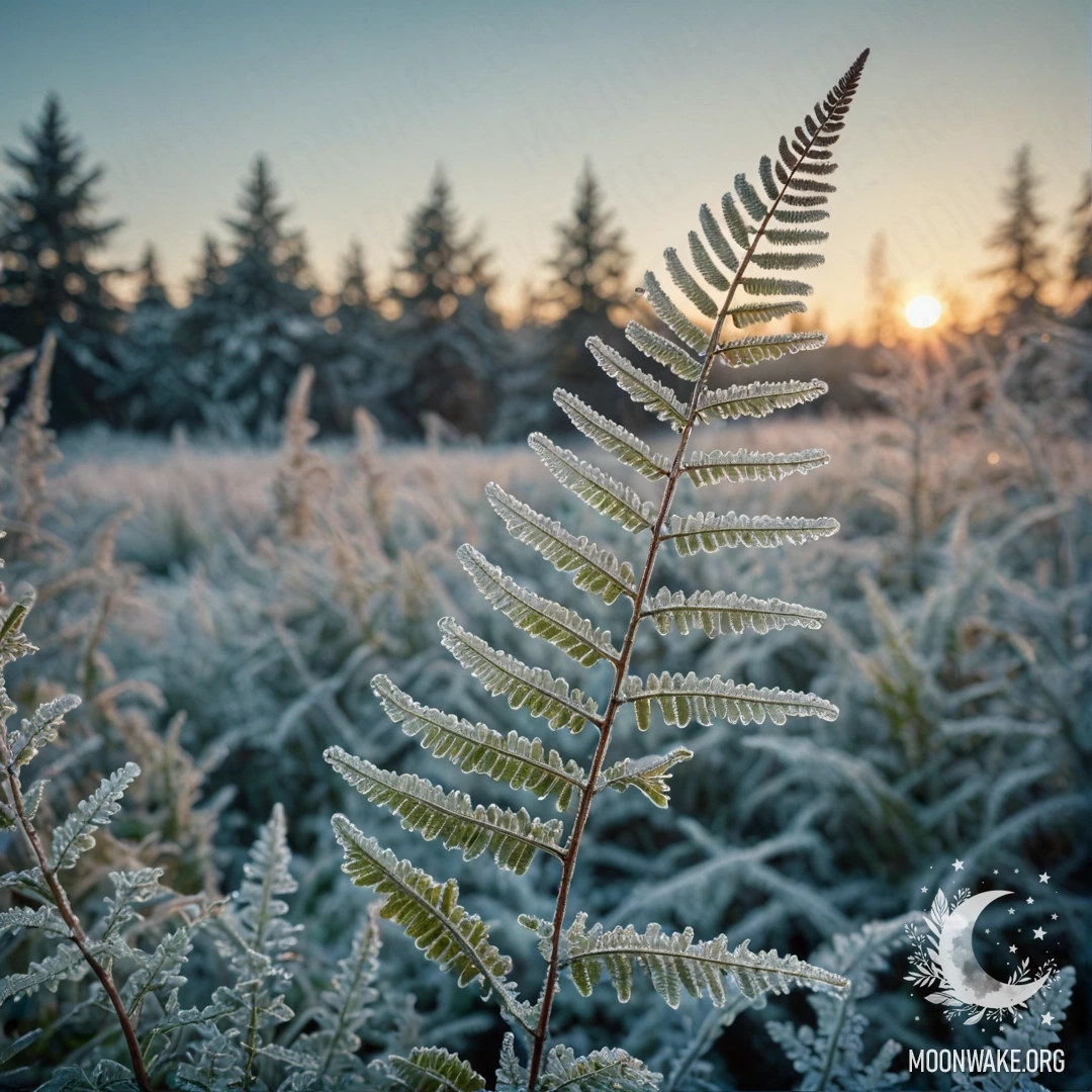 Sweet Fern in Frost at Sunset A sweet fern covered in frost with an aquamarine sunset in the background.