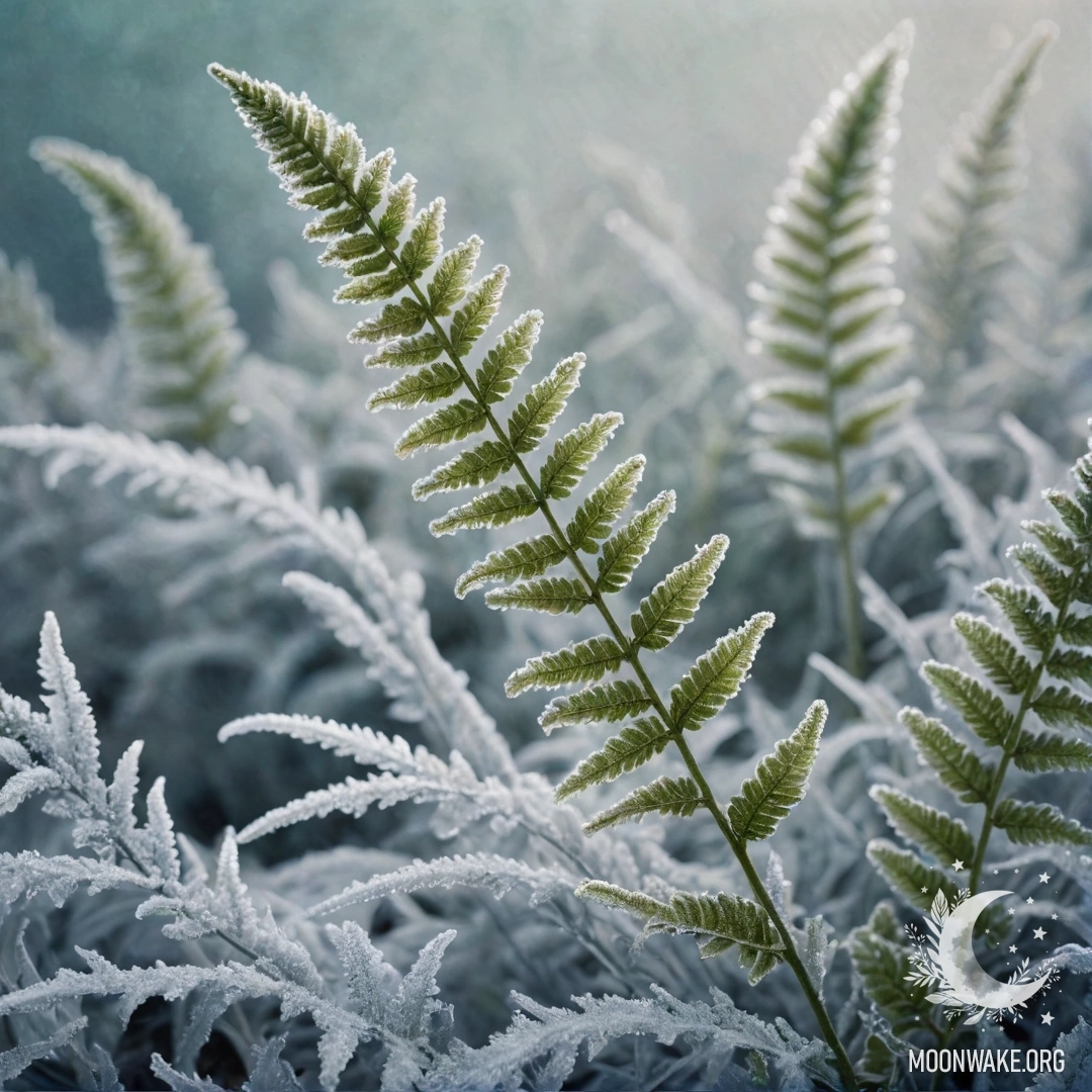 Sweet Fern in Frost with Glitter A delicate fern adorned with frost and glitter, showcasing sea wave colors.