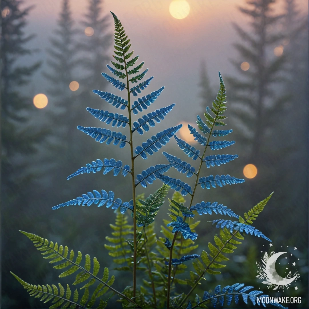A blue sweet fern floating in mist during sunset.