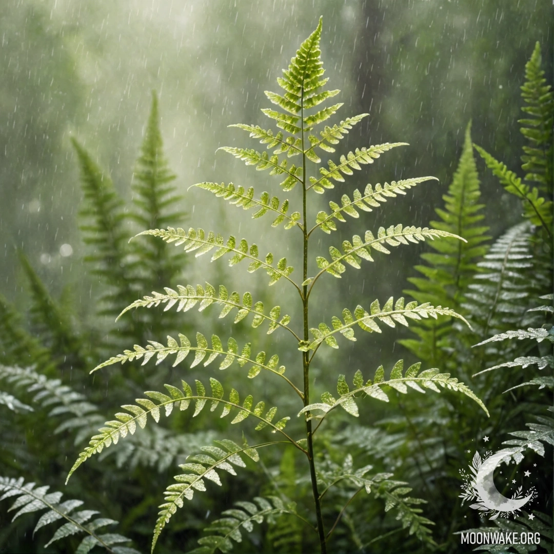 A serene scene of a sweet fern in mist, enhanced with sunny rays and rhinestones.