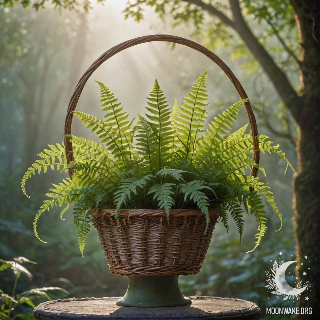 Sweet Fern in the Mist A basket filled with sweet fern surrounded by mist and sunny rays.