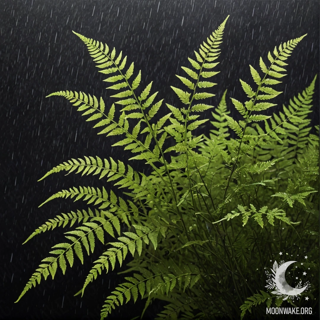 A delicate sweet fern bouquet in lavender color under rain at night.