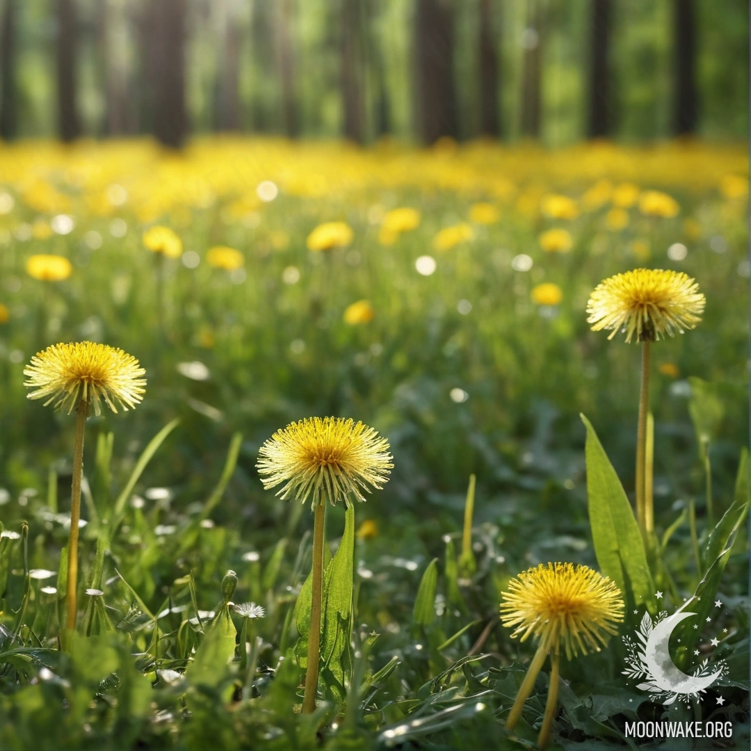 Close-up of dandelions in a sunny field with a blurred forest background.