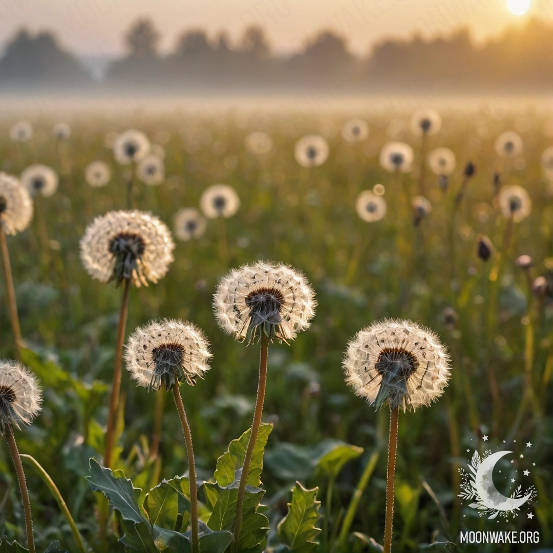 Close-up of dandelions in a field with a soft bokeh background and fog during sunset.