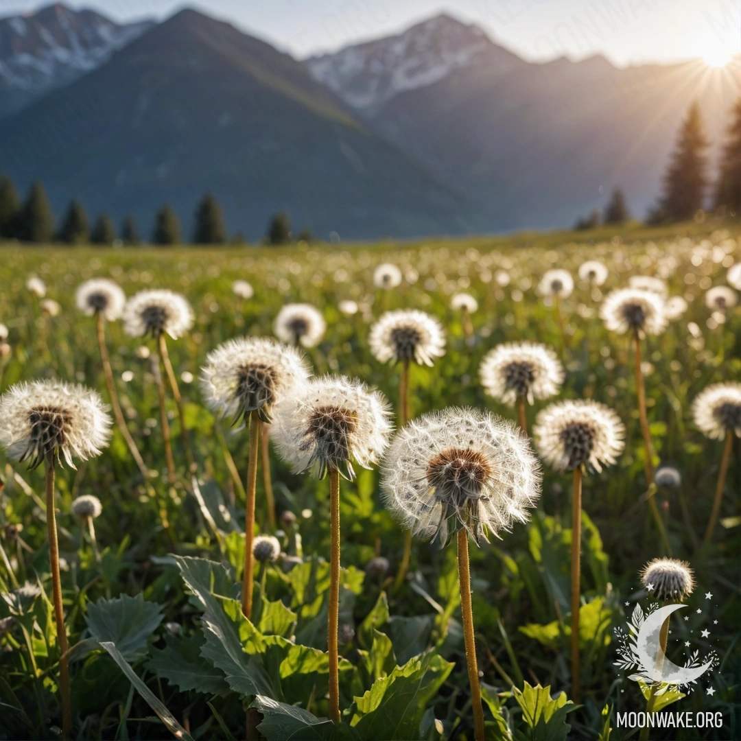 Close-up of dandelions in a field with blurry mountains in the background.