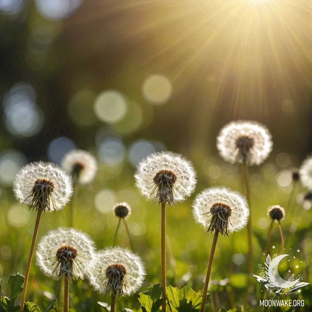 Close-up of dandelions in a field with a blurred sky and lens flares.
