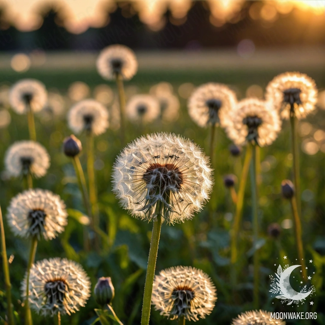 Close-up of dandelions in a field against a bokeh sunset background.