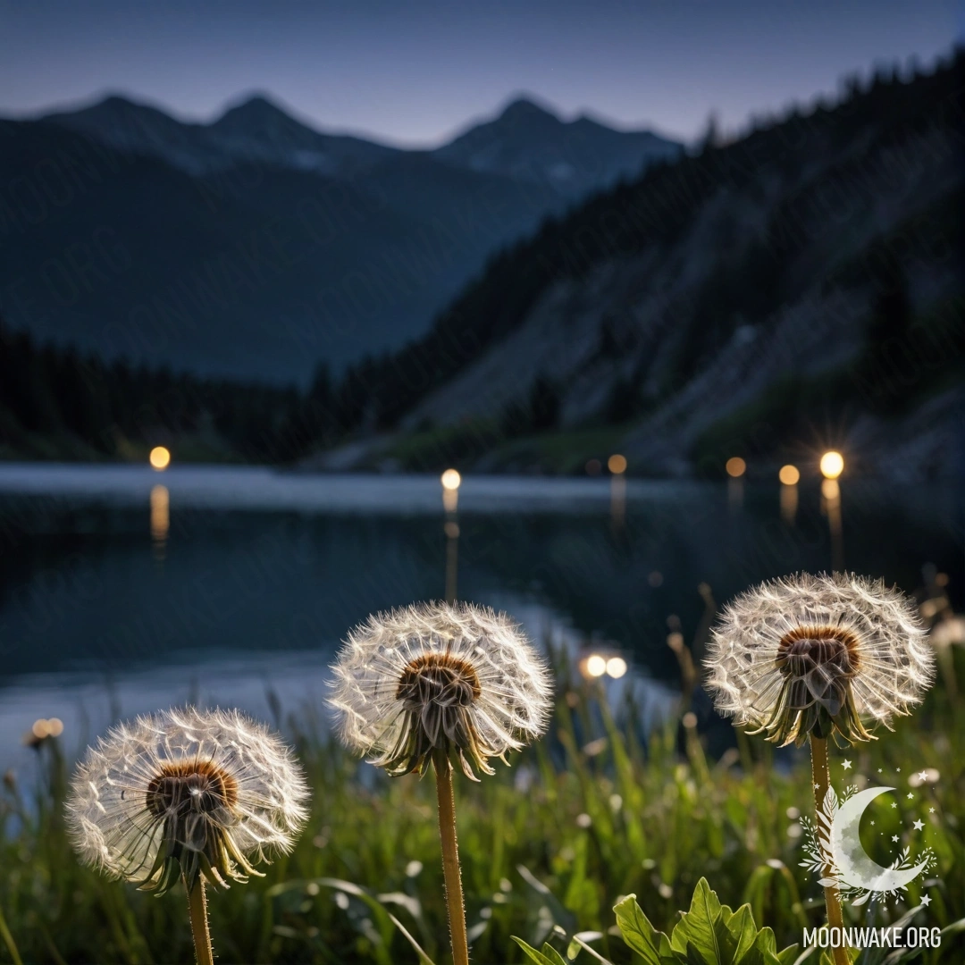 Dandelions Against a Serene Night Lake Close-up of dandelions in a field with a blurred mountain lake background at night.