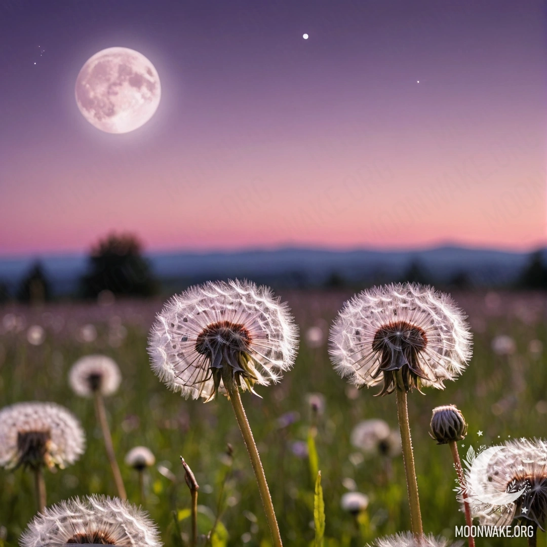 Sweet Dandelion Field at Dusk A close-up of dandelions in a field with a pink violet sky and the moon partly shaded by the sun.