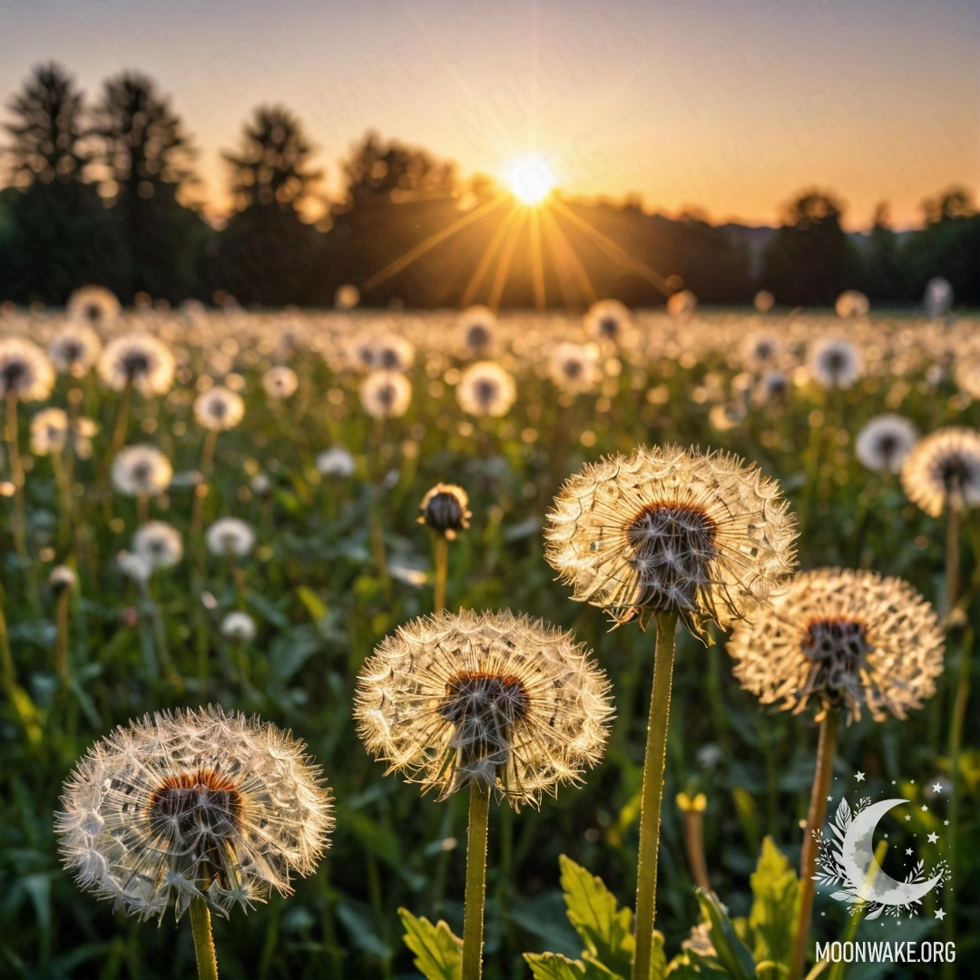 A close-up view of delicate dandelions in a field with a bokeh sunset background, featuring lens flares.