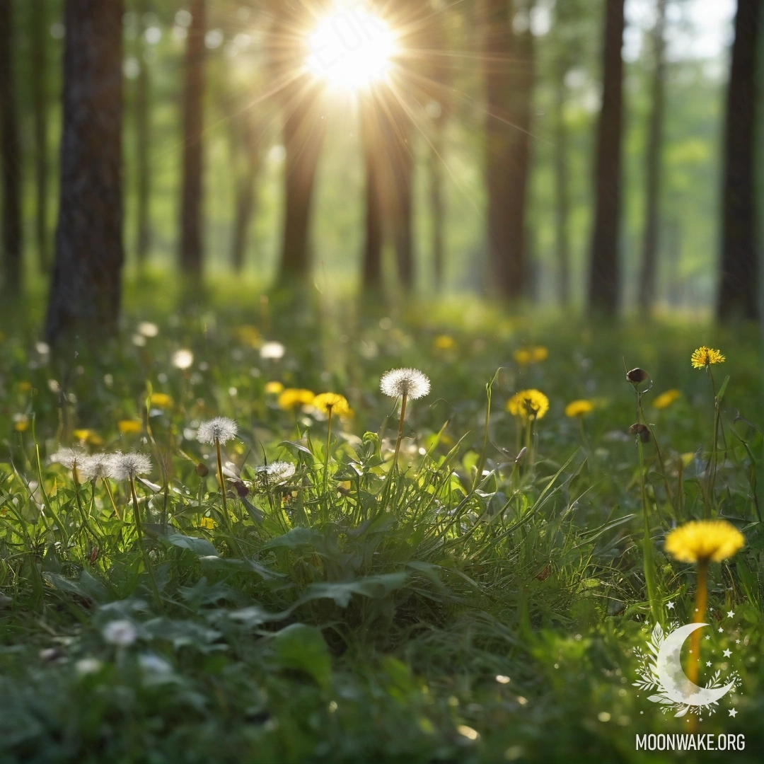 Close-up of dandelions against a blurred forest background with sunlight streaming through the trees.