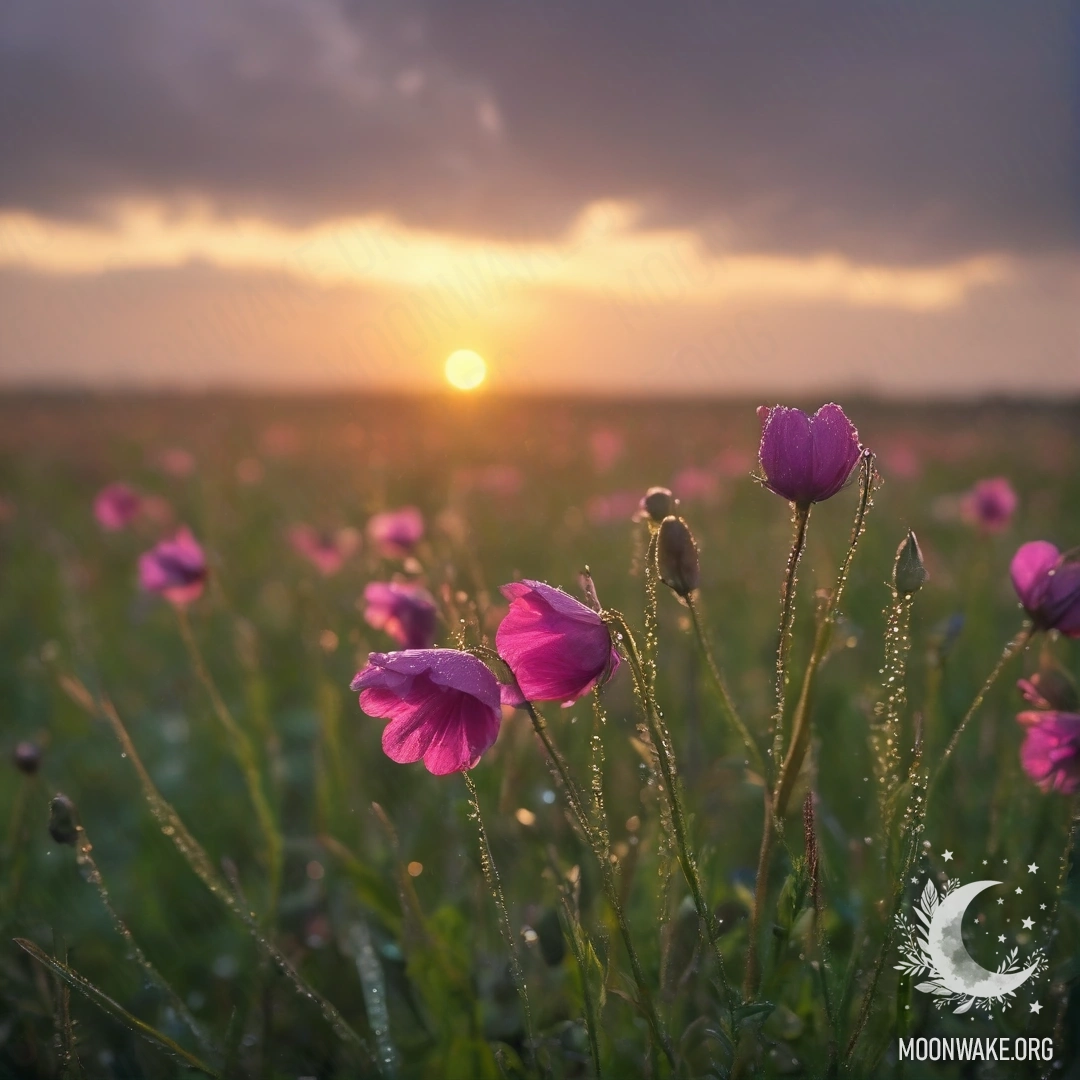 Close up of delicate flowers in a field against a blurred sunset background with raindrops.