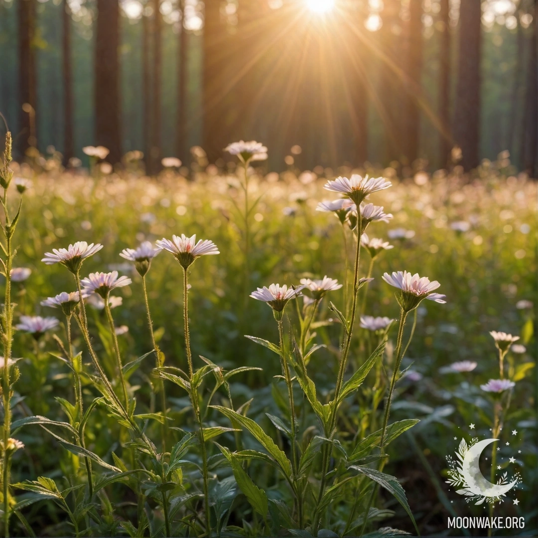 Close-up of delicate field flowers against a blurred forest background with sun rays