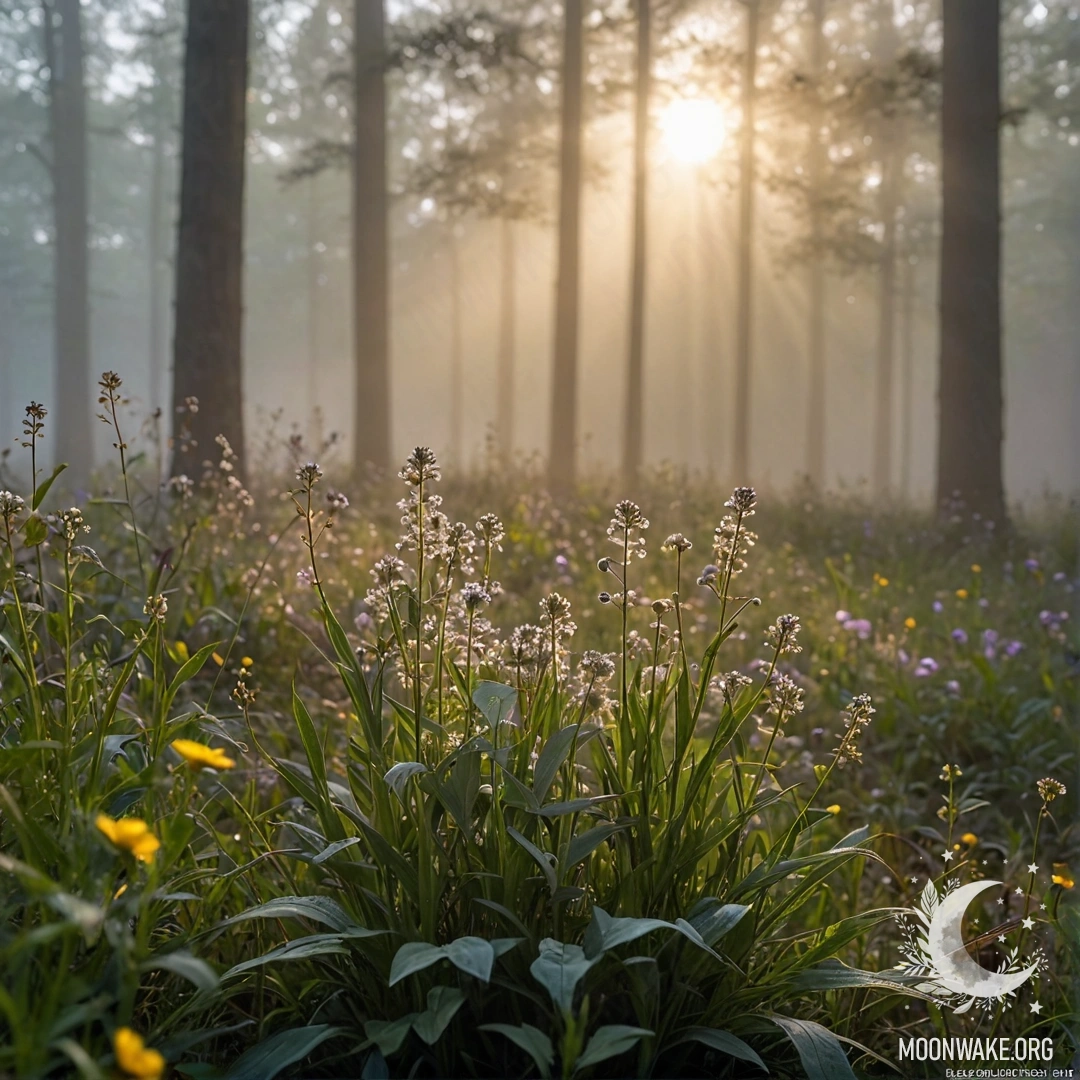 Close-up of delicate flowers against a blurred forest background with sun rays.