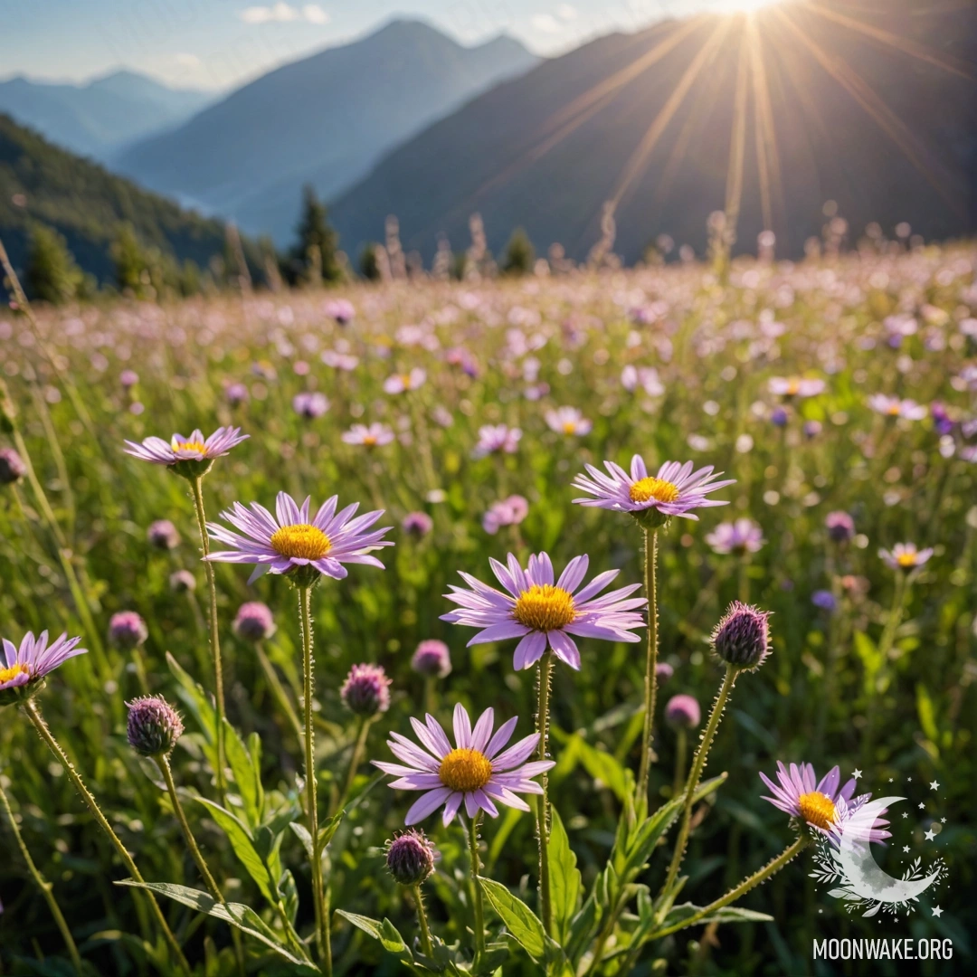 Close-up of sweet field flowers with blurred mountains in the background and sun rays shining.