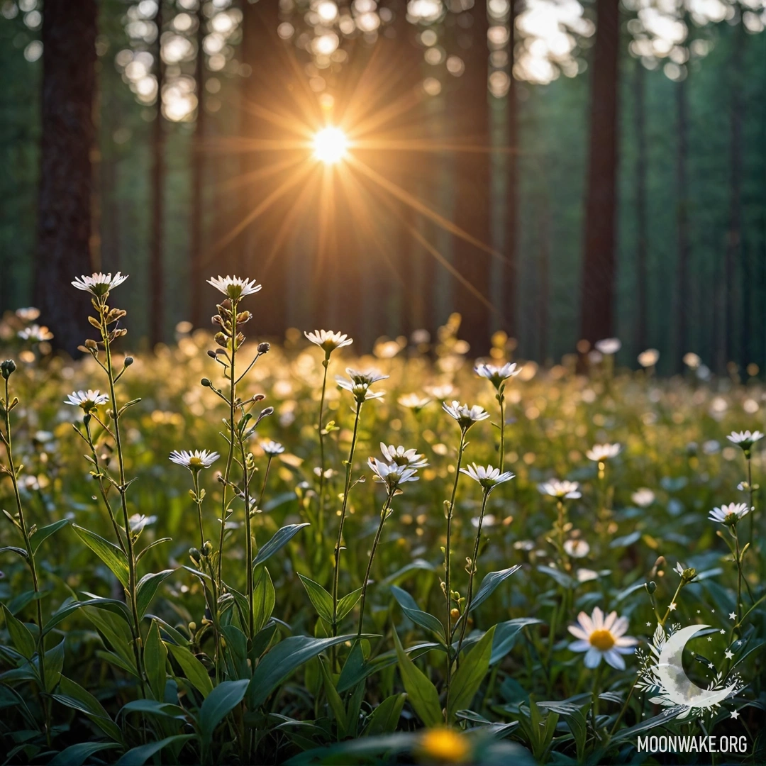 Close-up of sweet field flowers illuminated by sun rays at night, with a blurred forest in the background.