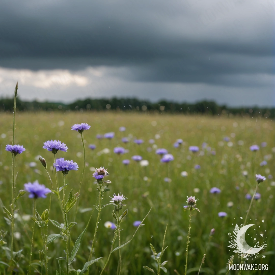Close-Up of Sweet Field Flowers with Bokeh Sky A close-up view of delicate field flowers against a blurred sky with clouds, rain falling softly.