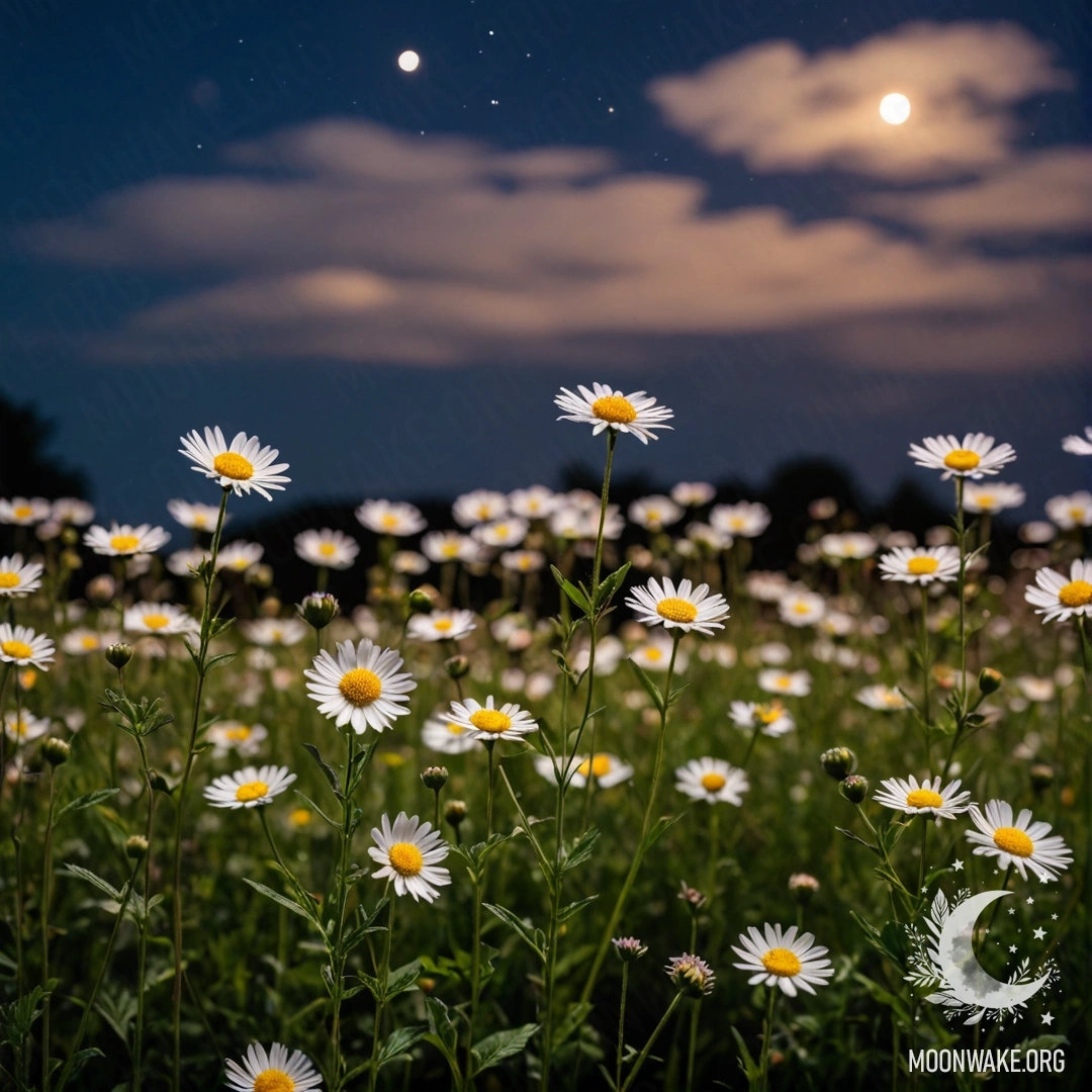 Close-up of sweet field flowers against a blurred night sky with clouds.