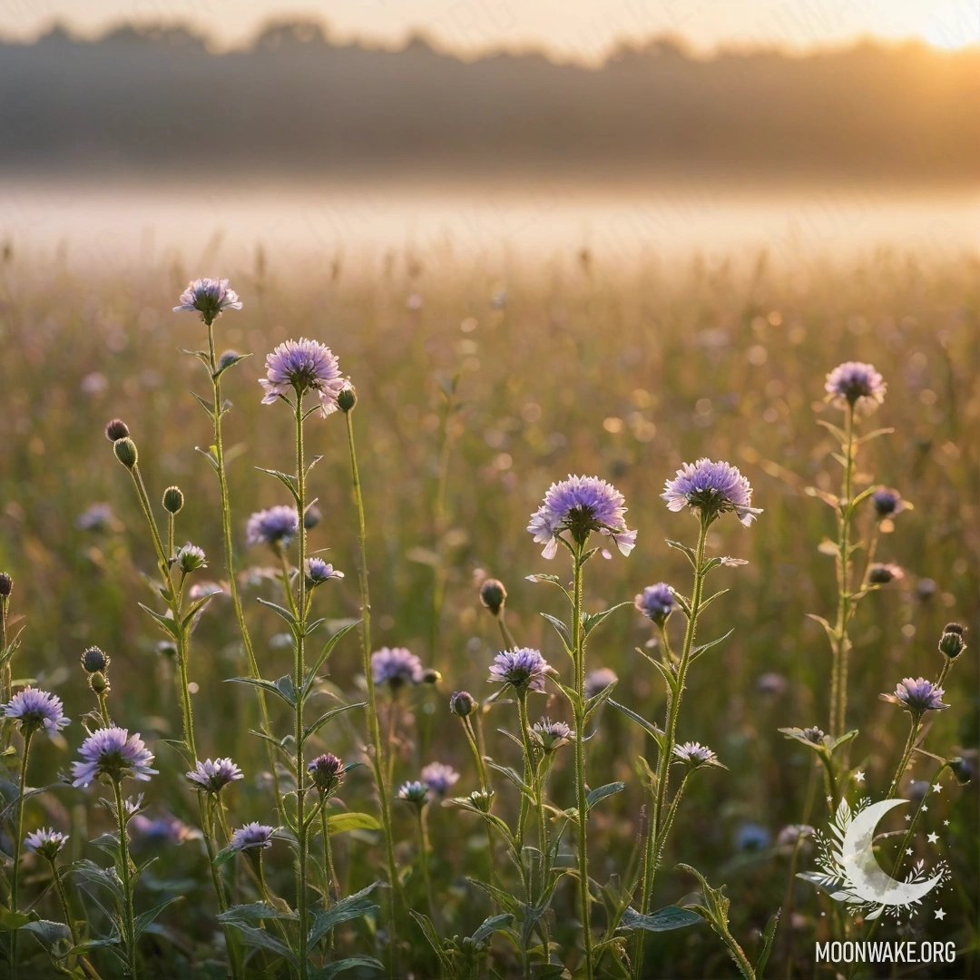 Close-up of sweet field flowers with a soft bokeh background during sunset with fog.